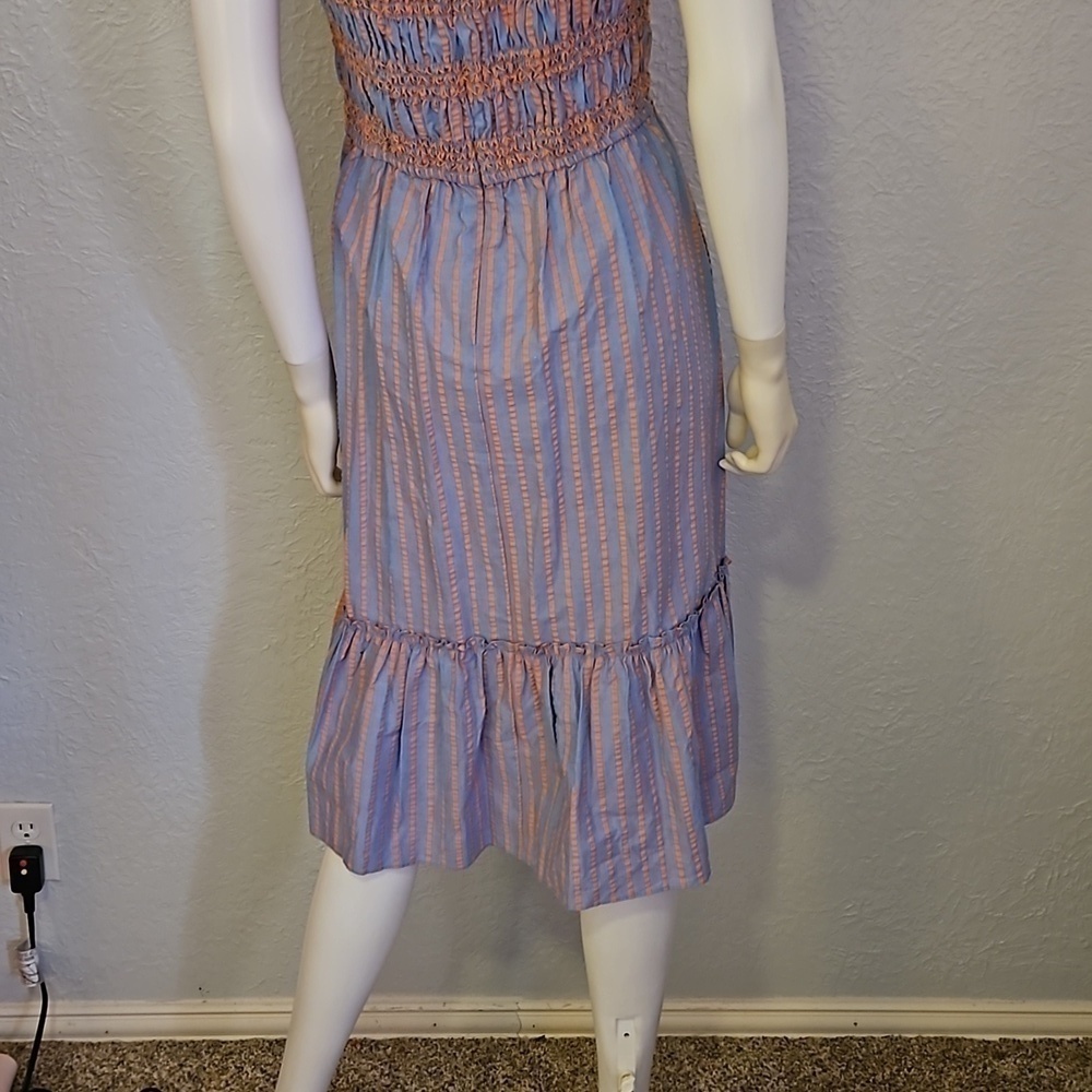 TAHARI Cotton Striped Smocked Ruffle Seersucker Midi Doll Dress - Picture 8 of 11